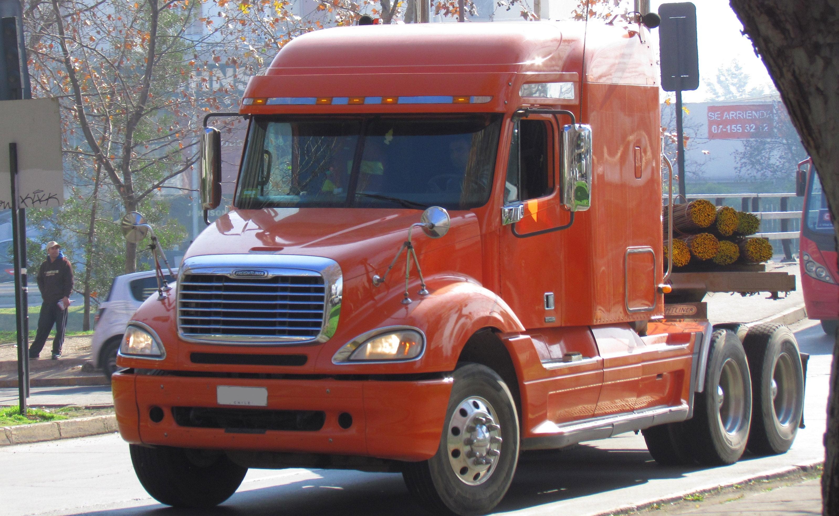 Freightliner Columbia semi truck, showcasing shared parts with Mercedes-Benz, hauls logs