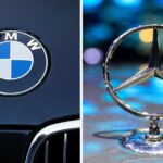 Mercedes-Benz and BMW logos side-by-side representing the brand comparison