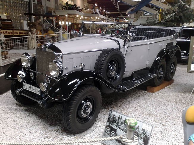 Mercedes-Benz WWII: A 770K series car, symbol of German automotive excellence, used by Nazi officials during World War II.