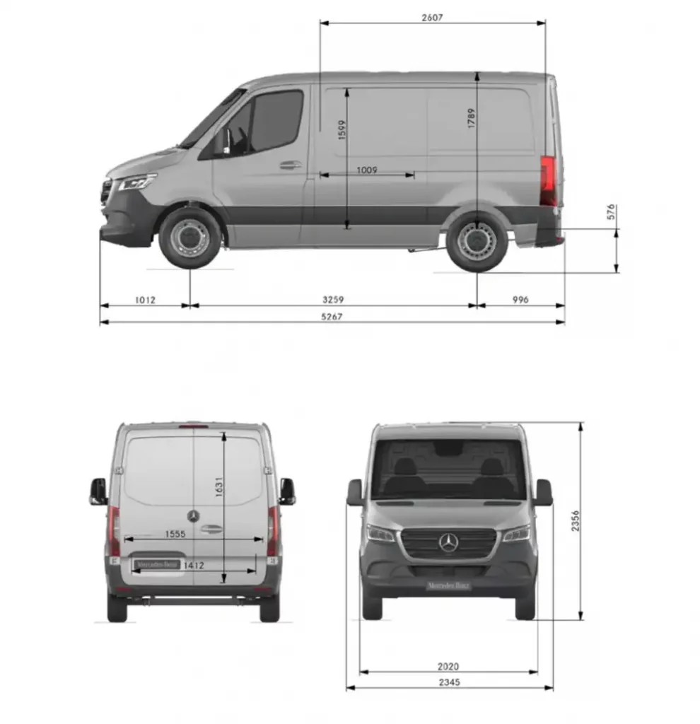 Mercedes-Benz Sprinter L1H1 technical diagram showcasing dimensions of the short wheelbase and standard roof variant