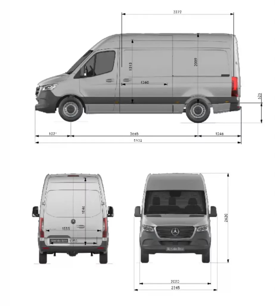 Dimensional drawing of a Mercedes-Benz Sprinter L2H2, a medium wheelbase van with a high roof, illustrating key measurements in millimeters