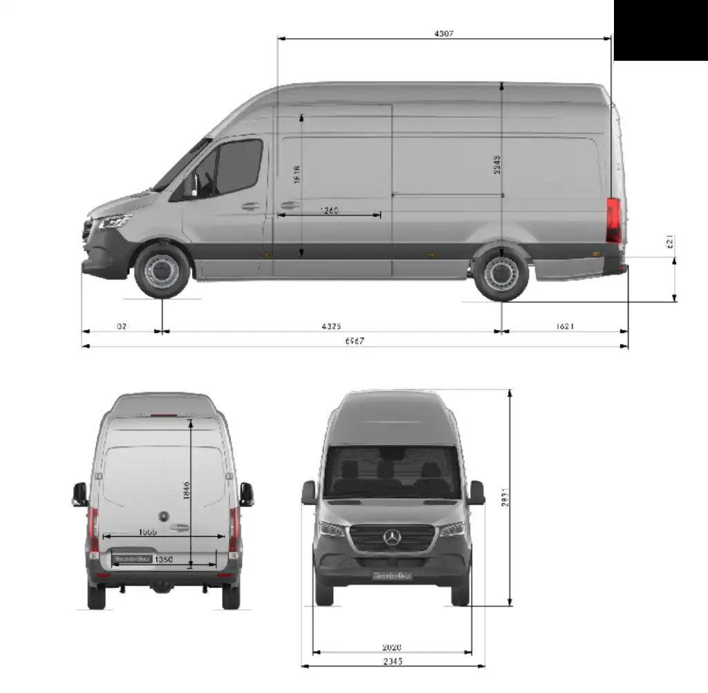 Technical drawing displaying dimensions of the Mercedes-Benz Sprinter L3H3 long wheelbase high roof van in metric measurements