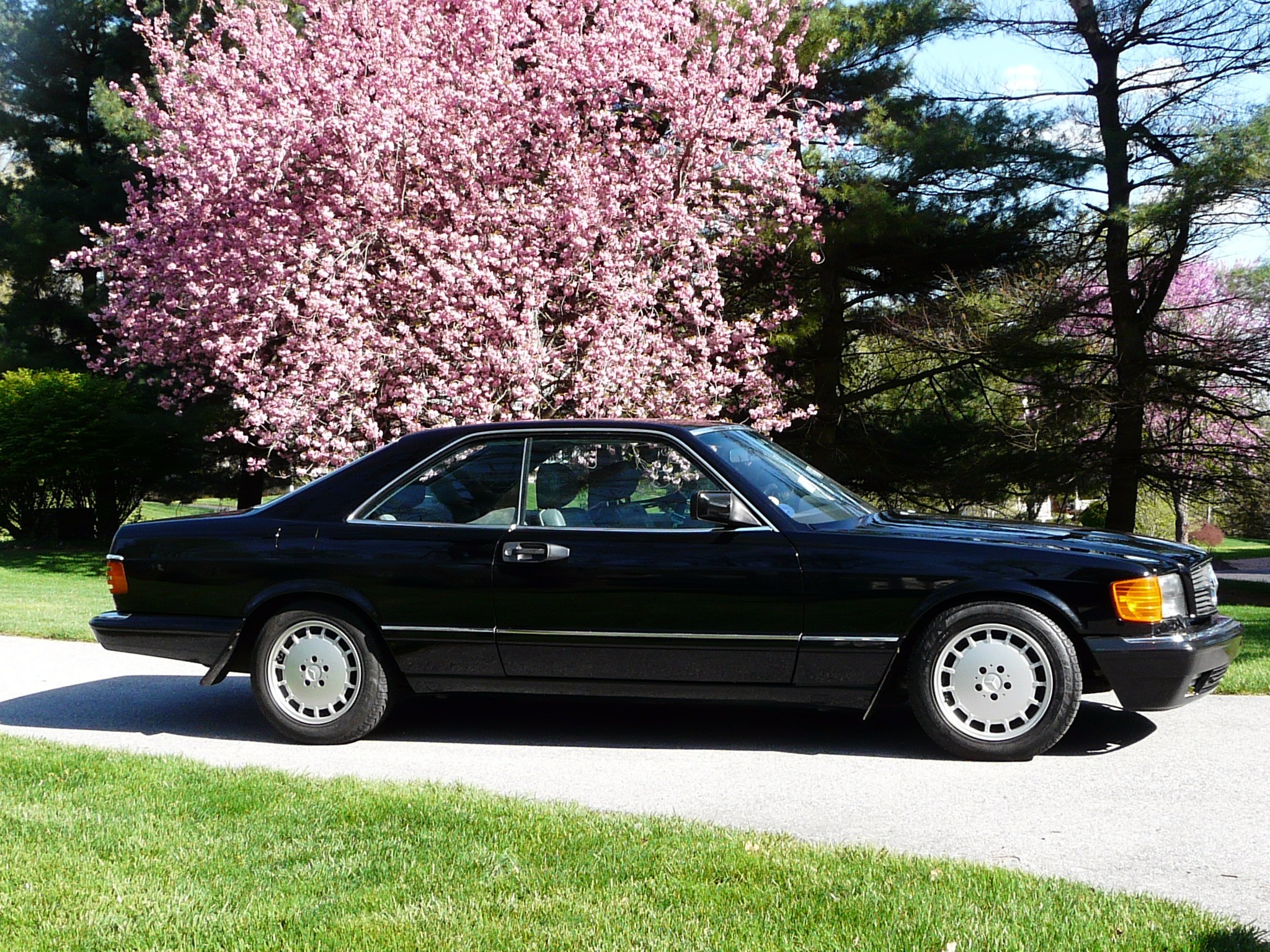 Front profile of a 1990 Mercedes-Benz 560SEC for sale, showcasing its coupe design and body-colored cladding.