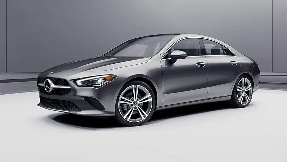 Front quarter view of a gray 2023 Mercedes-Benz CLA-Class coupe showcasing its sleek design and premium appeal.