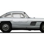 1955 Mercedes-Benz 300 SL Gullwing with Rudge wheels, highlighting its classic design, for sale in 1970