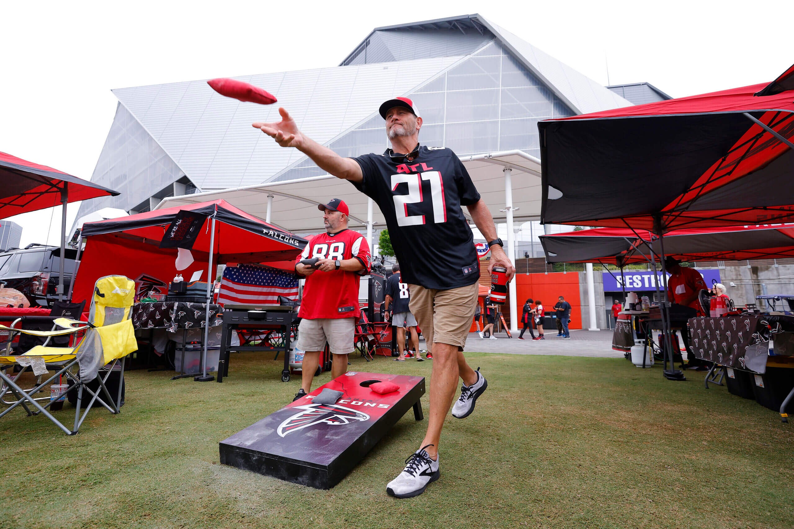 The Home Depot Backyard, an 11-acre greenspace outside Mercedes-Benz Stadium, is prime tailgating land for Falcons fans.