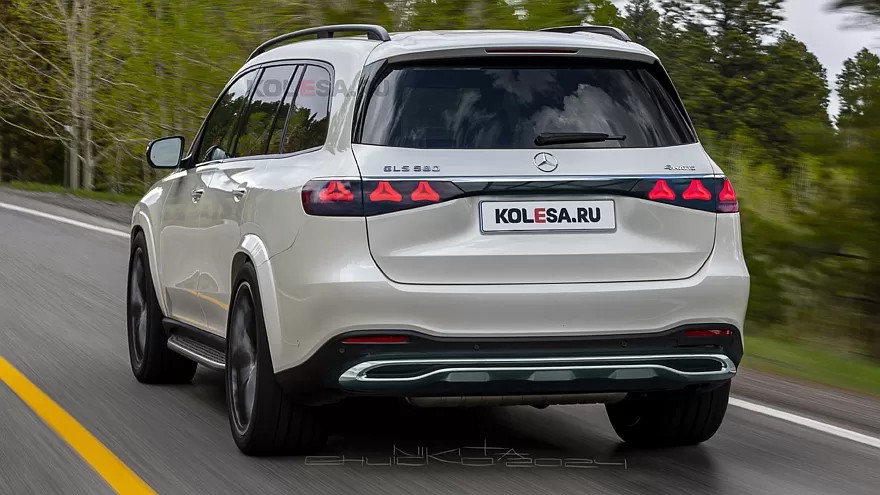 Mercedes-Benz GLS 2026 Facelift Front View Render: Showcasing Redesigned LED Headlights with Three-Pointed Star DRLs, a key design update influenced by the Mercedes Concept CLA Class.